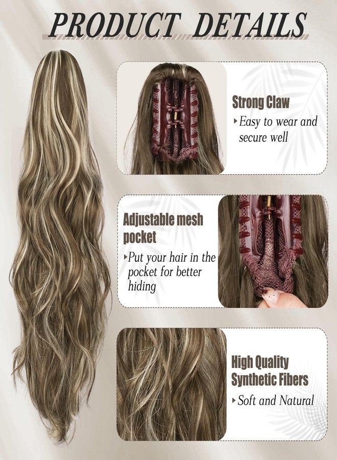 BARSDAR Claw Clip Ponytail Extension - 20 Inch Wavy Highlight Ponytail Hair Extensions for Women - Synthetic Claw Clip in Pony Tail Hairpieces Daily Party - Brown & Ash Blonde Highlights - Image 3